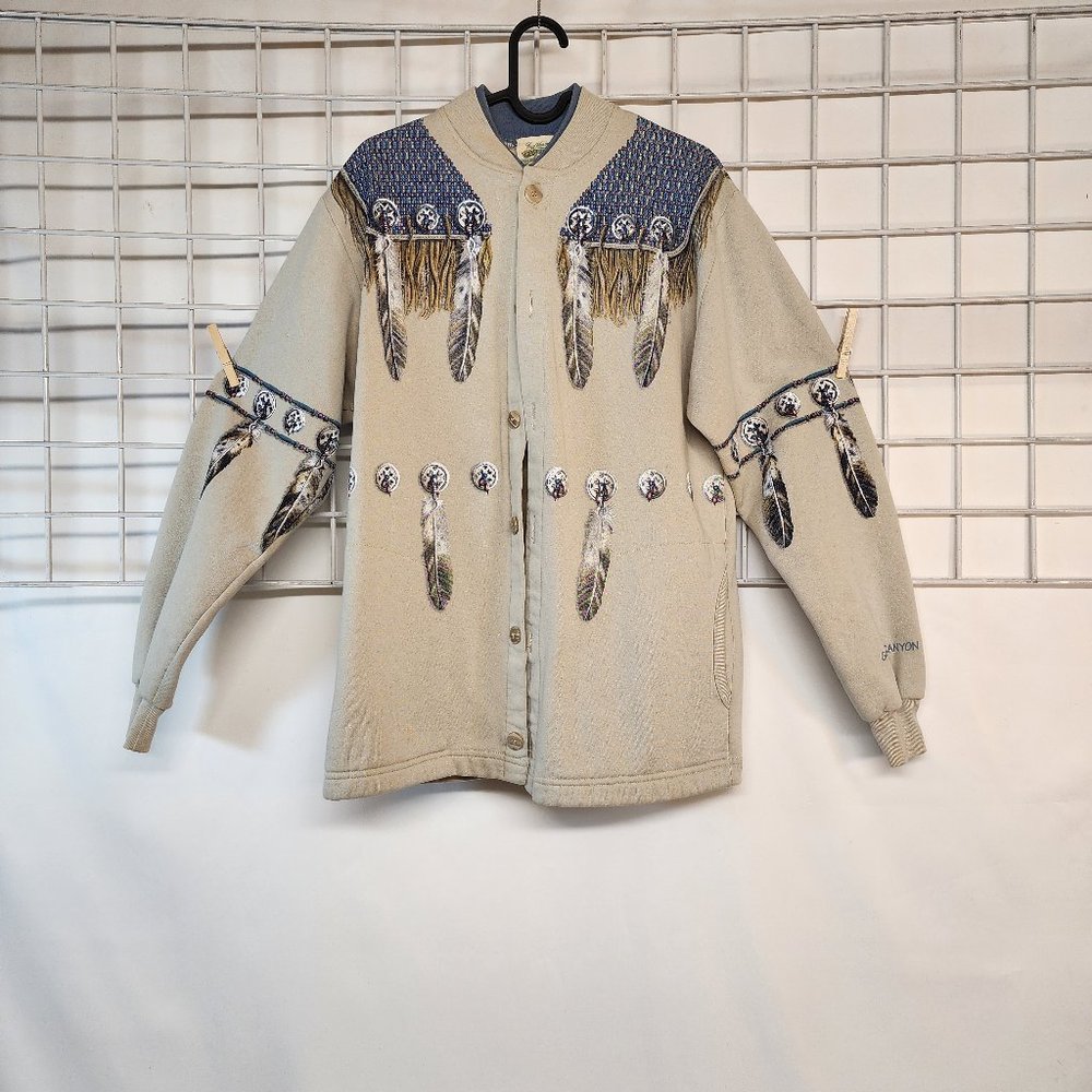 Vintage Men's M beige blue Native American Western Jacket Cotton Dreamcatcher